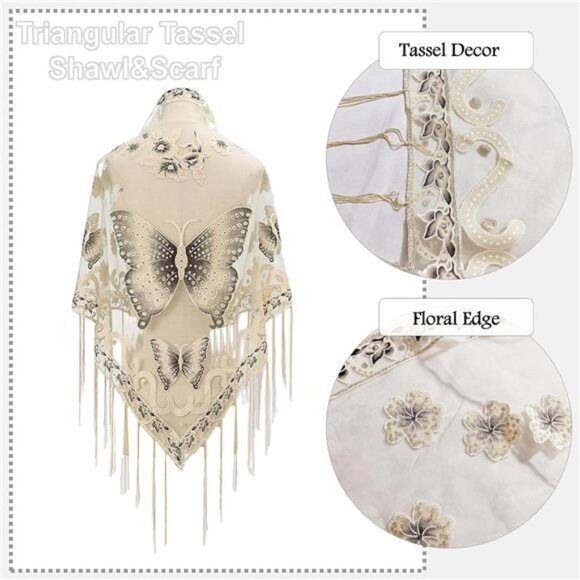 Women’s Elegant Butterfly Print Shawls Wraps Beige - Picture 3 of 6
